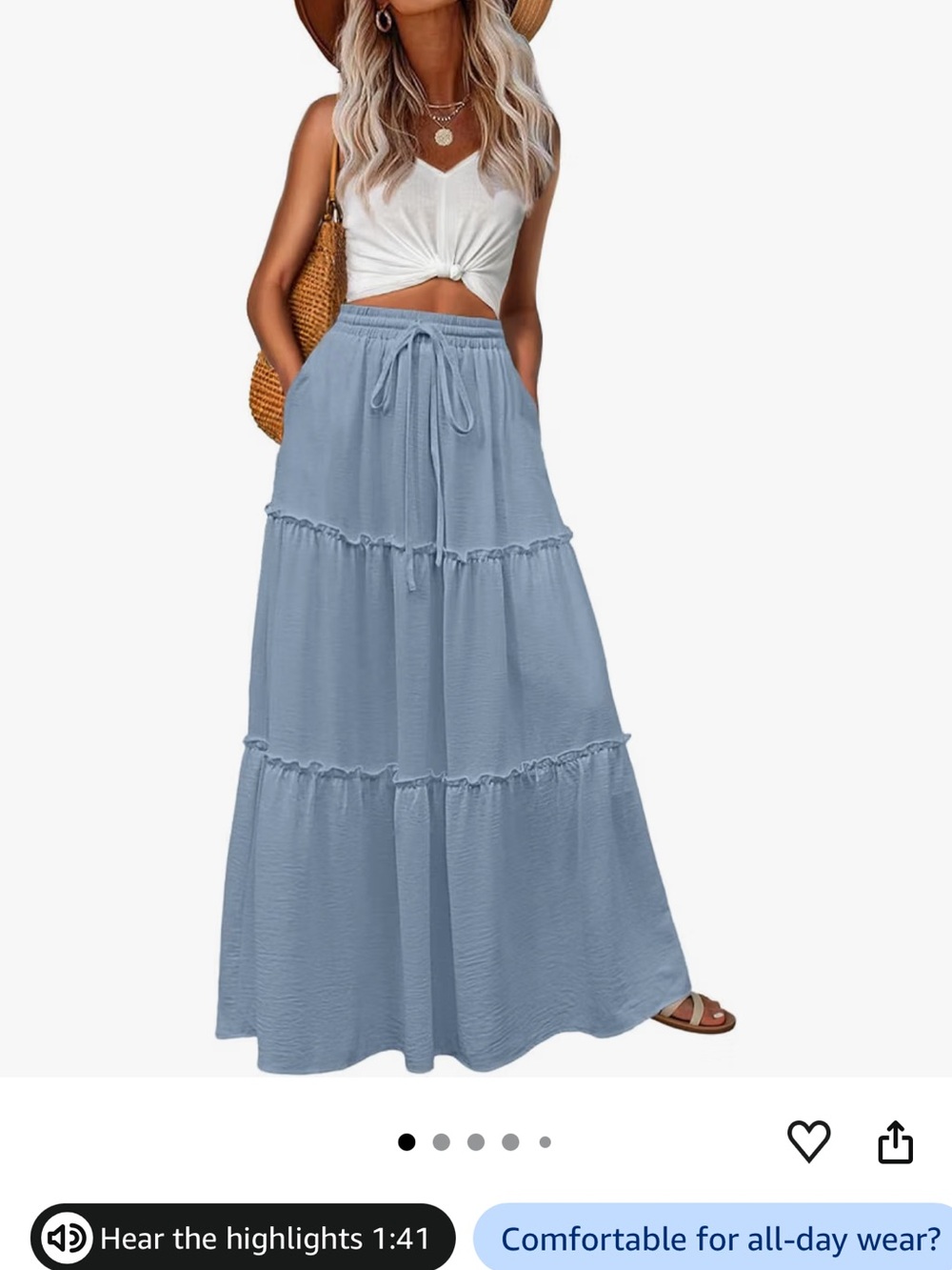 Light Blue Tiered Maxi Skirt with Drawstring Waist